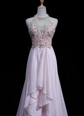 Gorgeous Pink A-Line Tulle High Neck Chiffon Long Beaded Backless Prom Dress Retro Wedding Birthday Dress ED01829
