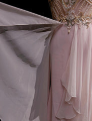 Gorgeous Pink A-Line Tulle High Neck Chiffon Long Beaded Backless Prom Dress Retro Wedding Birthday Dress ED01829