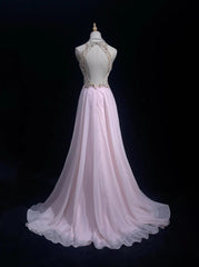Gorgeous Pink A-Line Tulle High Neck Chiffon Long Beaded Backless Prom Dress Retro Wedding Birthday Dress ED01829