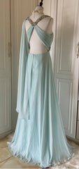 Gentle Tiffany Blue Chiffon V-neck Beaded Sequin A-Line Long Prom Dress Wedding Evening Dress ED01831