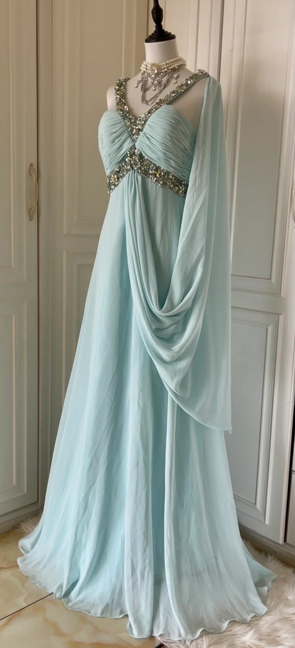 Gentle Tiffany Blue Chiffon V-neck Beaded Sequin A-Line Long Prom Dress Wedding Evening Dress ED01831