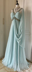 Gentle Tiffany Blue Chiffon V-neck Beaded Sequin A-Line Long Prom Dress Wedding Evening Dress ED01831