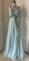 Gentle Tiffany Blue Chiffon V-neck Beaded Sequin A-Line Long Prom Dress Wedding Evening Dress ED01831