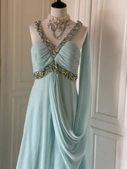 Gentle Tiffany Blue Chiffon V-neck Beaded Sequin A-Line Long Prom Dress Wedding Evening Dress ED01831