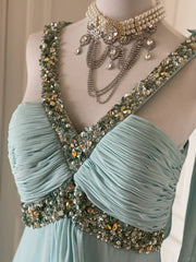 Gentle Tiffany Blue Chiffon V-neck Beaded Sequin A-Line Long Prom Dress Wedding Evening Dress ED01831