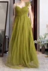 A-Line Olive Green Spaghetti Strap Tulle Long Prom Dress Sweet Birthday Evening Dress ED01834