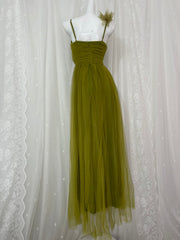 A-Line Olive Green Spaghetti Strap Tulle Long Prom Dress Sweet Birthday Evening Dress ED01834