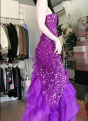 Purple  Mermaid Sequined Strapless Tulle Ball Gown Evening DressED01835