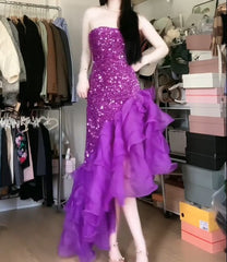Purple  Mermaid Sequined Strapless Tulle Ball Gown Evening DressED01835