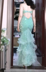Gentle Mint Green Mermaid Spaghetti Strap Sequined Tulle Ball Dress Backless Evening Gown ED01836