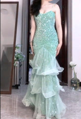 Gentle Mint Green Mermaid Spaghetti Strap Sequined Tulle Ball Dress Backless Evening Gown ED01836