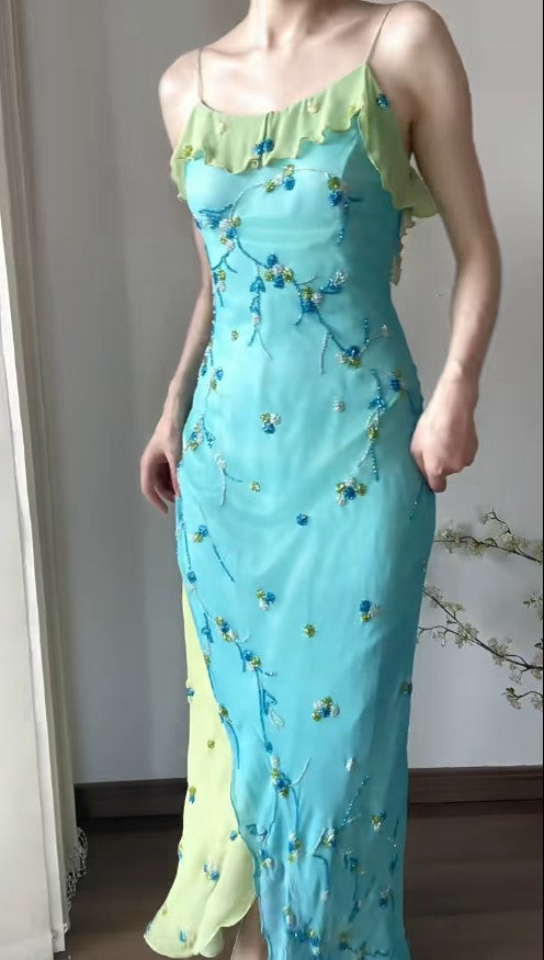 Vintage Spaghetti Strap Chiffon Sheath Ruffle Beaded Blue and Green Spliced Ball Dress Party Birthday Dress ED01838