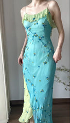 Vintage Spaghetti Strap Chiffon Sheath Ruffle Beaded Blue and Green Spliced Ball Dress Party Birthday Dress ED01838