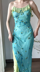 Vintage Spaghetti Strap Chiffon Sheath Ruffle Beaded Blue and Green Spliced Ball Dress Party Birthday Dress ED01838