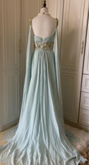 Vintage Tiffany Blue V-neck A-Line Beaded Chiffon Long Prom Dress Evening Dress Wedding Dress ED01839