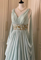 Vintage Tiffany Blue V-neck A-Line Beaded Chiffon Long Prom Dress Evening Dress Wedding Dress ED01839