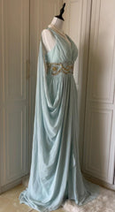 Vintage Tiffany Blue V-neck A-Line Beaded Chiffon Long Prom Dress Evening Dress Wedding Dress ED01839