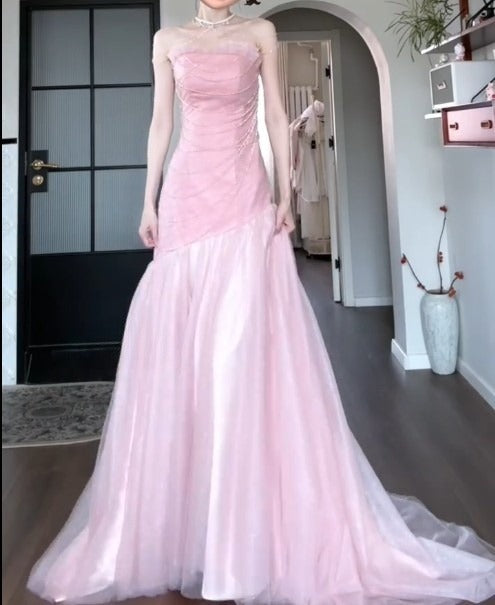 Beautiful Pink Strapless A-Line Tulle Sequined Long Ball Dress Birthday Evening Dress ED01841