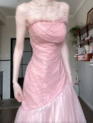 Beautiful Pink Strapless A-Line Tulle Sequined Long Ball Dress Birthday Evening Dress ED01841