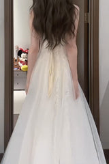 Gentle White Spaghetti Strap A-Line Tulle Sequin Long Prom Dress Simple Birthday Graduation Dress ED01843