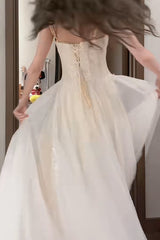 Gentle White Spaghetti Strap A-Line Tulle Sequin Long Prom Dress Simple Birthday Graduation Dress ED01843