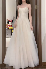 Gentle White Spaghetti Strap A-Line Tulle Sequin Long Prom Dress Simple Birthday Graduation Dress ED01843