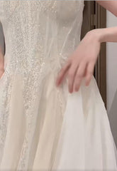 Gentle White Spaghetti Strap A-Line Tulle Sequin Long Prom Dress Simple Birthday Graduation Dress ED01843