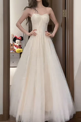 Gentle White Spaghetti Strap A-Line Tulle Sequin Long Prom Dress Simple Birthday Graduation Dress ED01843