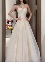Gentle White Spaghetti Strap A-Line Tulle Sequin Long Prom Dress Simple Birthday Graduation Dress ED01843