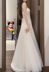 Gentle White Spaghetti Strap A-Line Tulle Sequin Long Prom Dress Simple Birthday Graduation Dress ED01843