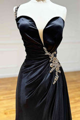 Black Rhinestone One Shoulder A Line Prom Dress with Slit ED01844
