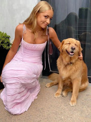 Elegant Mermaid Spaghetti Straps Floor Length Sleeveless Pink Prom Dress  ED01845