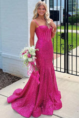 Sweetheart Spaghetti Straps Long Mermaid Sequins Party Prom Dress  ED01846