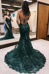Dark Green Mermaid Spaghetti Straps Tulle Sequins Long Prom Dress With Appliques Evening Gown ED01847