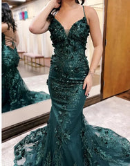 Dark Green Mermaid Spaghetti Straps Tulle Sequins Long Prom Dress With Appliques Evening Gown ED01847