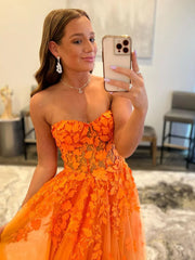 Orange A line Strapless Tulle Lace Long Prom Dres Applique Formal Dress ED01850