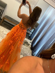 Orange A line Strapless Tulle Lace Long Prom Dres Applique Formal Dress ED01850
