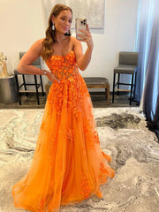 Orange A line Strapless Tulle Lace Long Prom Dres Applique Formal Dress ED01850