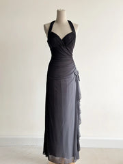 Sparkling Gradient Dark Gray Halter Neck Ruffle Sheath Prom Dress Birthday Dress ED01851