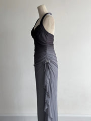 Sparkling Gradient Dark Gray Halter Neck Ruffle Sheath Prom Dress Birthday Dress ED01851