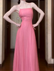 Cute Pink A-Line Chiffon Spaghetti Strap Backless Long Prom Dress Party Dress ED01852