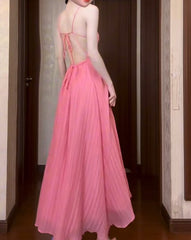 Cute Pink A-Line Chiffon Spaghetti Strap Backless Long Prom Dress Party Dress ED01852