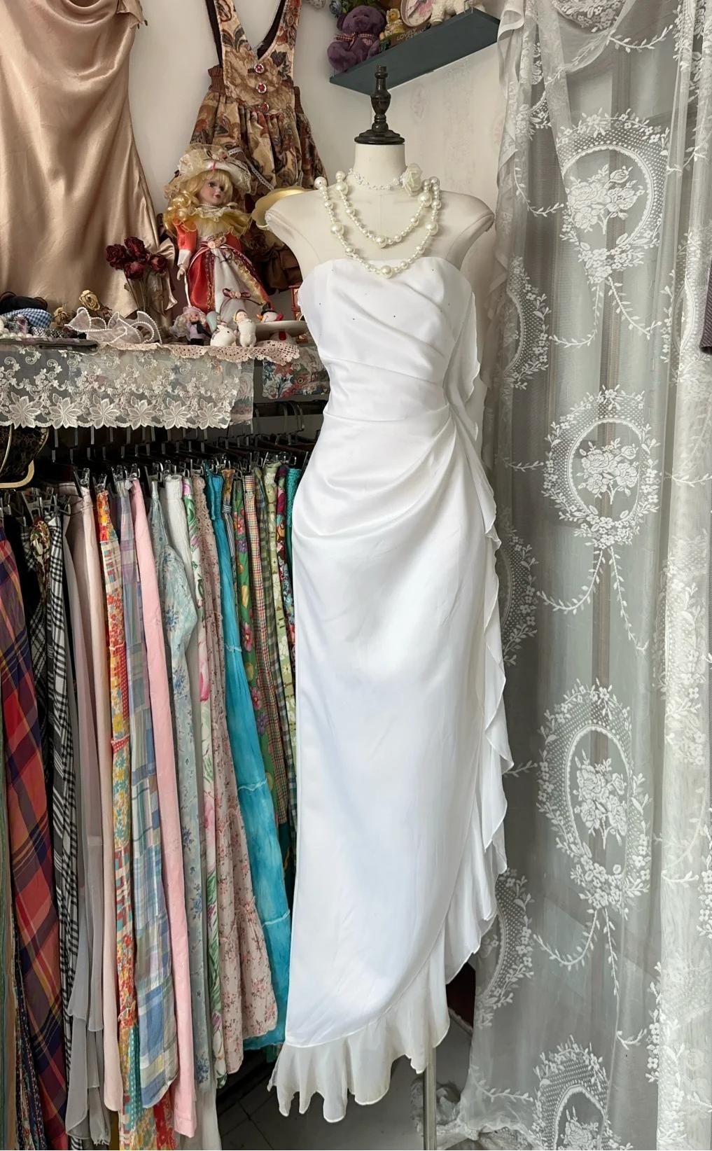 White Elegant Sheath Strapless Chiffon Prom Dress Birthday Dress ED01854