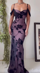 Unique Purple Satin Bodycon Dress Black Tulle Spaghetti Strap Ball Dress Birthday Dress ED01856