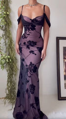 Unique Purple Satin Bodycon Dress Black Tulle Spaghetti Strap Ball Dress Birthday Dress ED01856