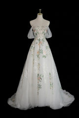 A-Line Off Shoulder Tulle Lace Applique White Long Prom Dress, White Long Formal Dress ED0600
