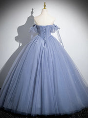 Blue A-Line Tulle Beads Long Prom Dress, Blue Long Formal Dress ED0616