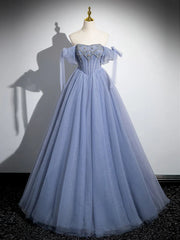 Blue A-Line Tulle Beads Long Prom Dress, Blue Long Formal Dress ED0616
