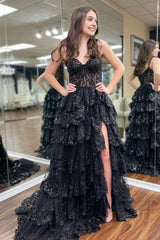 A-Line Sweetheart Neck Tulle Sequin Black Long Prom Dress, Black Formal Dress ED0617