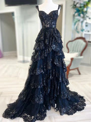 A-Line Sweetheart Neck Tulle Sequin Black Long Prom Dress, Black Formal Dress ED0617